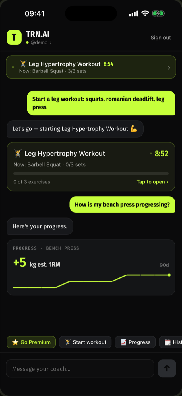 Trn.AI chat: one message starts a leg workout