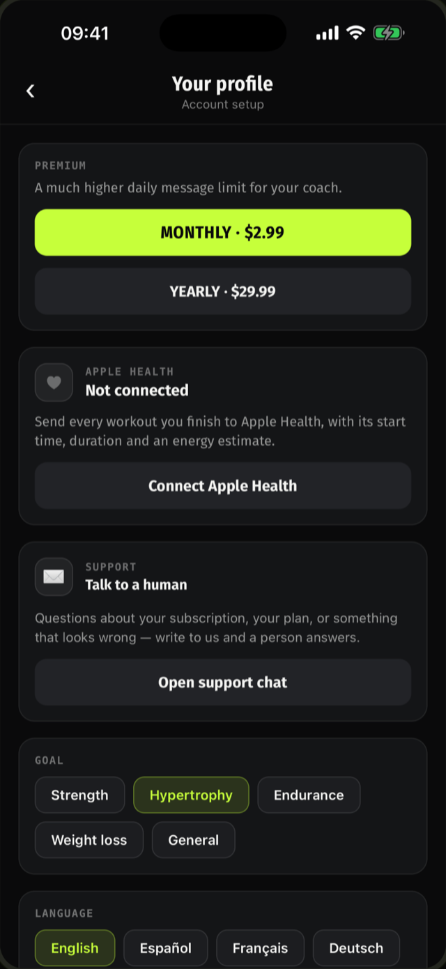 Profile: premium, Apple Health, goal and language