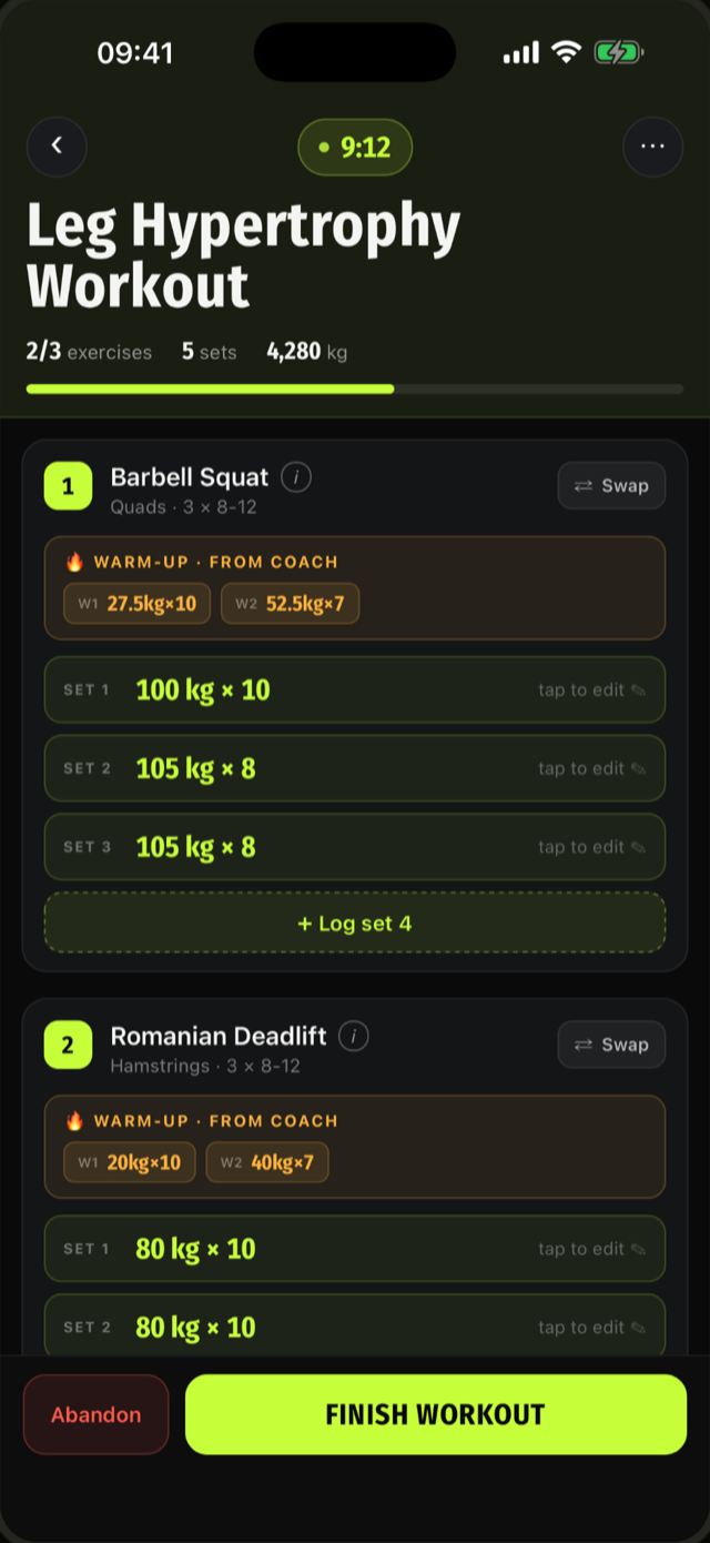 Active session with per-set targets and logged sets